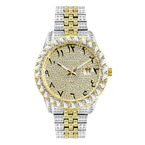 Men iced out luxury quartz watch gold silver two tone diamond paved arabic dial hip hop wristwatch