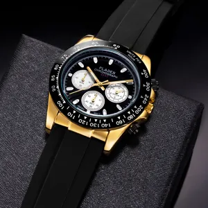Detail shot of men luxury quartz watch with gold case, black dial and rubber strap.