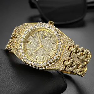 Men's hip-hop iced out rhinestone quartz watch with luxury cuban link bracelet and calendar.