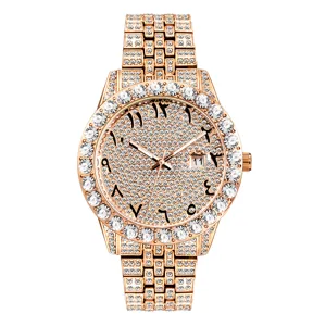 Luxury men iced out quartz watch rose gold big dial sparkly rhinestone wrist watch for men