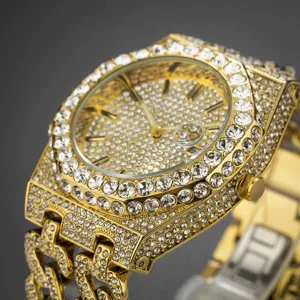 Men's luxury iced out rhinestone quartz watch with gold octagonal bezel cuban chain.