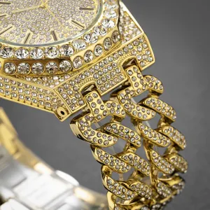 Close-up detail shot of the luxury iced-out rhinestone quartz watch with Cuban link band.