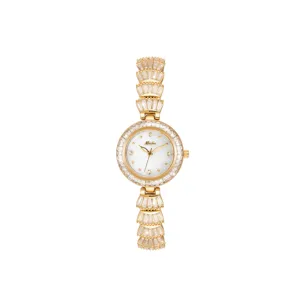 Missfox luxury women watch with sparkling diamond bezel and elegant gold strap for fashion ladies.