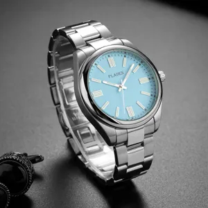PLADEN mens quartz watch with light blue dial and stainless steel strap stylish business accessory