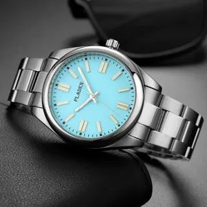 Men stainless steel quartz wristwatch with classic light blue dial and luminous markers.