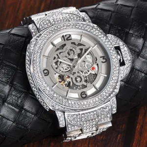 Men luxury automatic mechanical watch with skeleton dial and full diamond paved bezel and bracelet