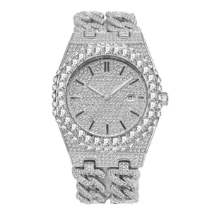 Men iced out quartz watch with crystal paved octagonal bezel and Cuban link strap.