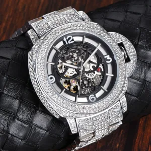 Closeup of men automatic mechanical watch featuring skeleton dial and sparkling rhinestones.