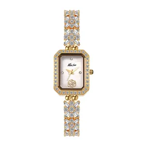 Damen Strass Quarzuhr Rechteckiges Kleines Zifferblatt Kupfer Armbanduhr Elegante Metall Kristall Uhr Wasserdichte Dress Watch