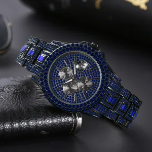 Men Hip Hop Luxury Full Rhinestone Quartz Watch Luminous Waterproof Calendar Chronograph Alloy Colorful Bling Watch Fashion Gift