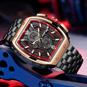 PLADEN Luxury Tonneau Sports Watch for Men with Gold Bezel Black Dial Steel Strap