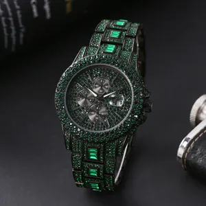 Men iced out green rhinestone quartz watch luxury fashion hip hop wrist watch dial date