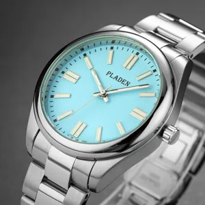 Detailed close-up view of the PLADEN light blue dial quartz watch with stainless steel band.
