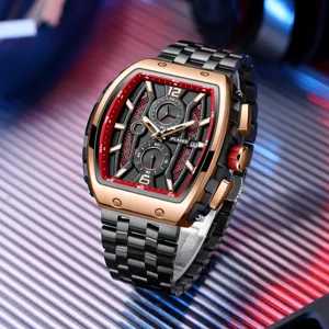 Exquisite PLADEN tonneau men's watch detail, featuring a bold skeleton dial and durable metal strap.