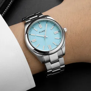 Stainless steel quartz men's watch with light blue dial and metal strap for business and daily wear.