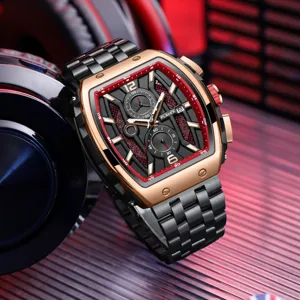 Detailed view of PLADEN luxury tonneau men's watch with steel strap and red accents.