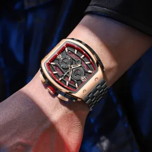 Men's luxury tonneau sports watch with multi-functional dial, steel strap and luminous hands.