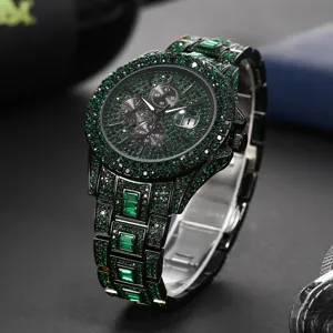Men iced out green crystal quartz watch luxury chronograph bling rhinestone wrist watch detail