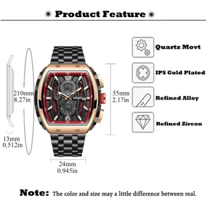PLADEN men's luxury quartz watch with tonneau skeleton dial, steel strap and multi-function.
