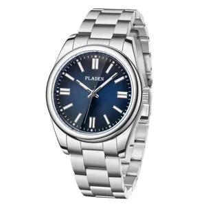 Men stainless steel quartz watch with blue dial business casual waterproof wristwatch for male.