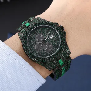 Men full iced out rhinestone quartz watch green crystal bling luxury chronograph wristwatch