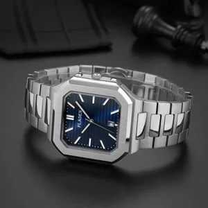 Square quartz watch detail shot, blue textured dial, stainless steel strap, luxury men's accessory