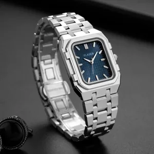 PLADEN heren quartz horloge, vierkante roestvrij staal blauwe wijzerplaat polshorloge.