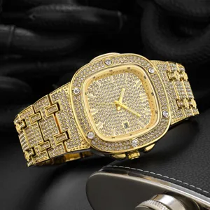 Men gold iced out square quartz watch hip hop luxury rhinestone wristwatch with date display
