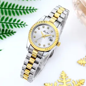 Elegant two-tone women quartz watch with crystal hour markers, fluted bezel and date window.