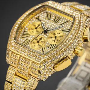 Luxury men's iced out gold tonneau quartz watch with chronograph dials and sparkly rhinestones.