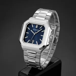 Men's square stainless steel quartz watch close up, blue textured dial and silver metal strap.