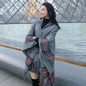 Women Faux Cashmere Hooded Poncho Shawl Retro Striped Tassel Scarf Cape Wrap Autumn Winter Warm Pullover Outerwear Top