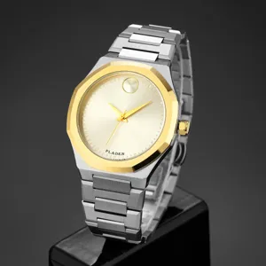 Montre quartz homme cadran dore bracelet acier inoxydable design minimaliste vue detail