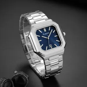 Men's Luxury Square Quartz Watch Stainless Steel Blue Dial Casual Business Wristwatch