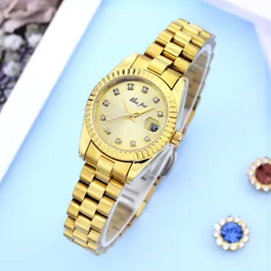 Gold stainless steel quartz women watch with sparkling rhinestone crystal dial markers.
