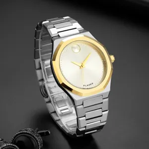 Montre quartz homme bracelet acier inoxydable et lunette octogonale or, vue détaillée.