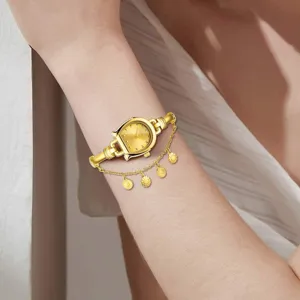 Women's gold quartz watch with unique horseshoe U-shaped case and elegant hanging chain strap.