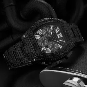 mens black diamond tonneau quartz watch luxury waterproof fashion crystal wristwatch