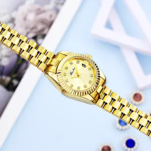Elegant gold stainless steel quartz watch with crystal markers for women, detailed design.