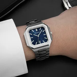 PLADEN men quartz watch luxury business stainless steel blue dial wrist watch detail view