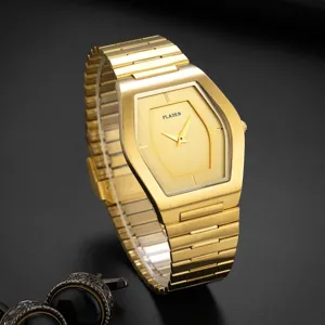PLADEN heren goud quartz horloge, luxe roestvrij staal tonneau geometrisch wijzerblad.