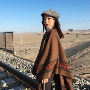 Cozy autumn winter tassel shawl cape stylish striped imitation cashmere warm ethnic fashion item