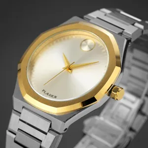 Montre quartz homme bracelet acier inoxydable luxe avec lunette octogonale et cadran dore.