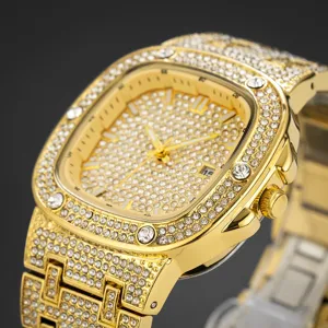 Luxury gold square full rhinestone quartz men watch hip hop bling fashion wrist watch