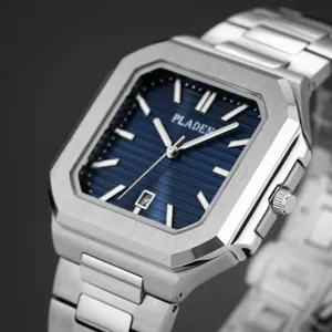 PLADEN men's quartz watch square stainless steel blue dial business casual fashion timepiece