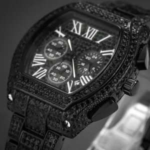 Luxury black crystal tonneau quartz watch for men with chronograph sub-dials and Roman numerals.