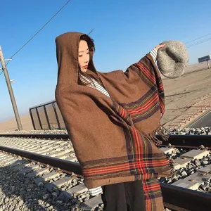 Autumn winter hooded plaid cape scarf, cozy imitation cashmere fringe shawl for women.