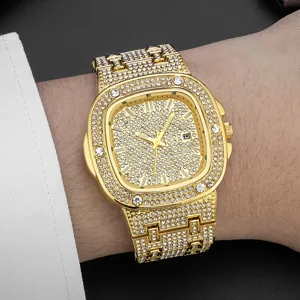 Close-up detail of luxury gold iced-out square men watch with diamond paved dial and bracelet.