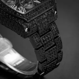 Luxury black diamond quartz watch men hip hop tonneau chronograph fashion wristwatch.
