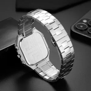 Detailed view of the square stainless steel quartz watch back with metal bracelet Link.